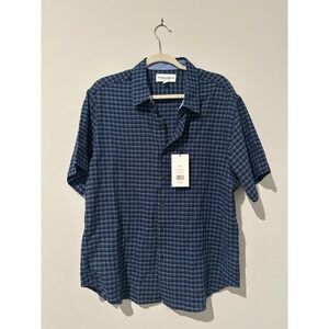 Thomas Sterling Mens Blue Small Check Short Sleeve Button Down Shirt Large Boxy
